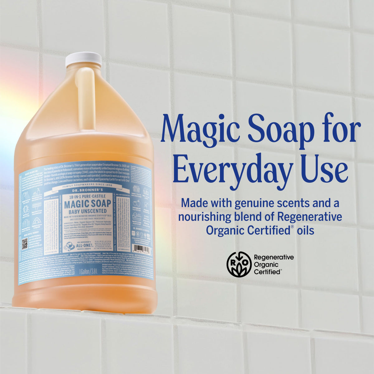 Dr. Bronner's pump dispensing diluted soap, demonstrating easy and economical use