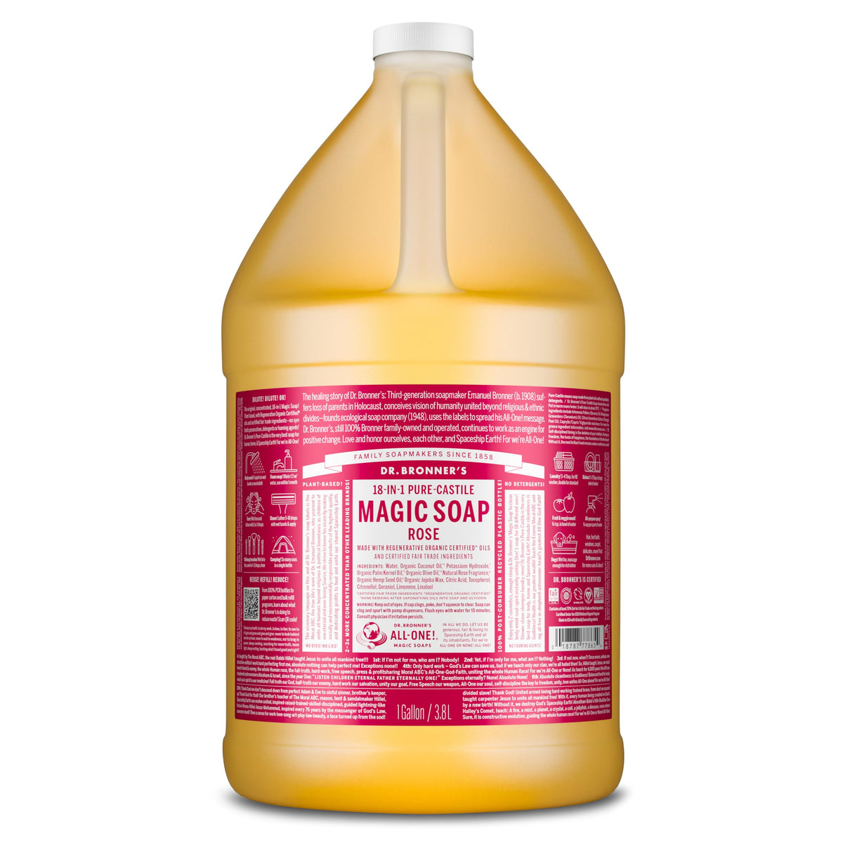 Dr. Bronner's rose 1 gallon front label showing product and benefits