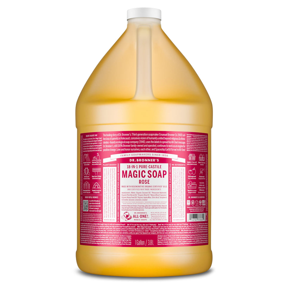 Dr. Bronner's rose 1 gallon front label showing product and benefits