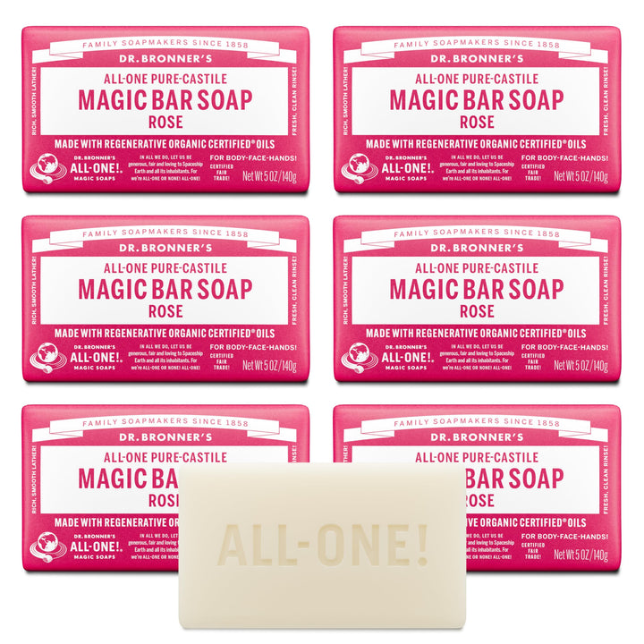 Dr. Bronner's rose bar front packaging showing product and benefits