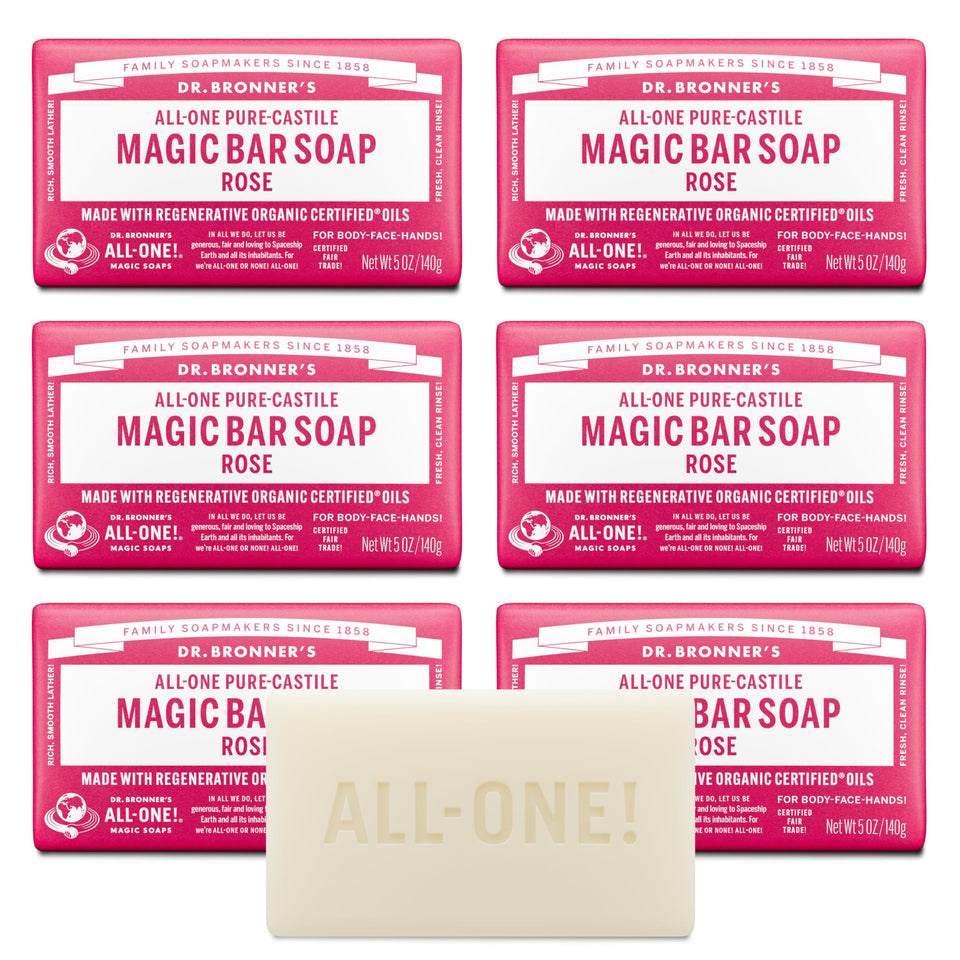 Dr. Bronner's rose bar front packaging showing product and benefits