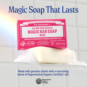 Dr. Bronner's rose bar unwrapped close-up showing smooth soap texture