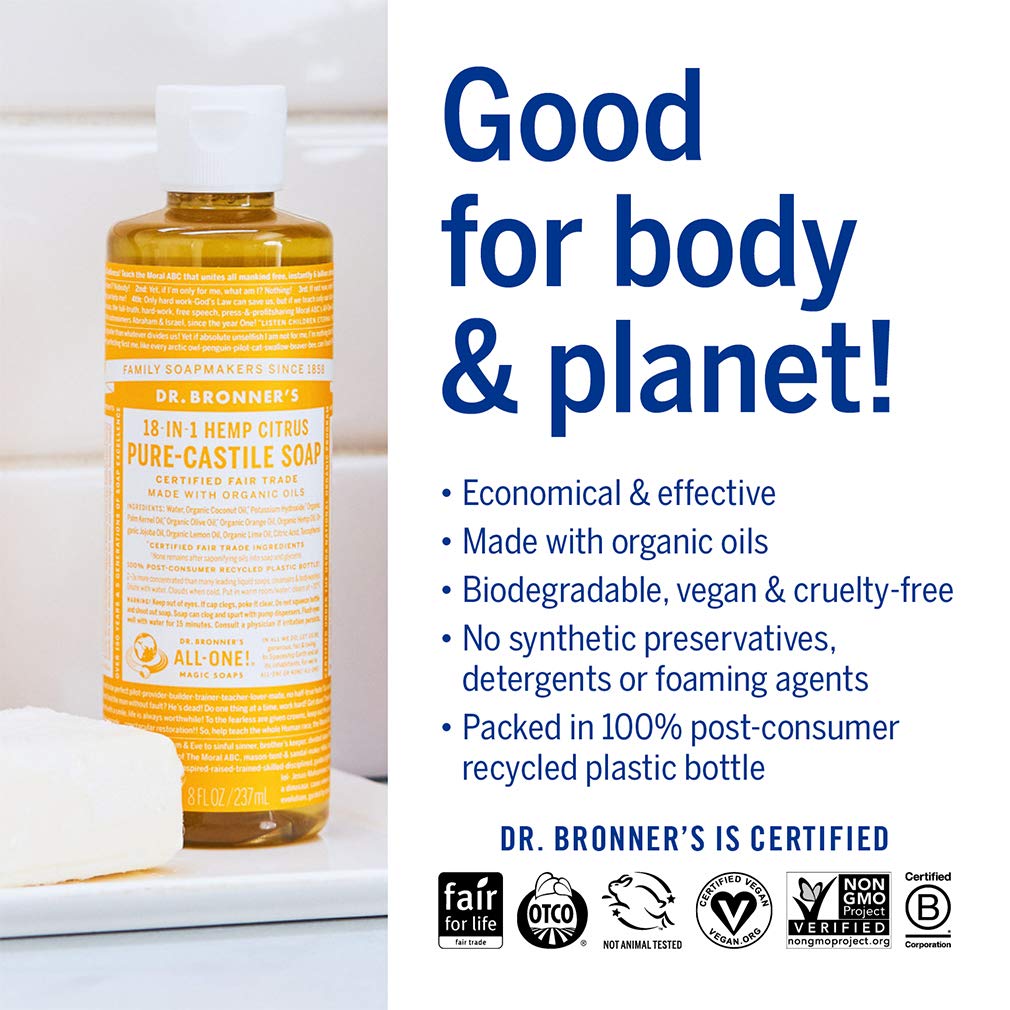 Dr. Bronner's rose bottle label detail highlighting organic ingredients and fair trade