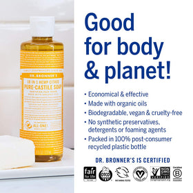 Dr. Bronner's rose bottle label detail highlighting organic ingredients and fair trade