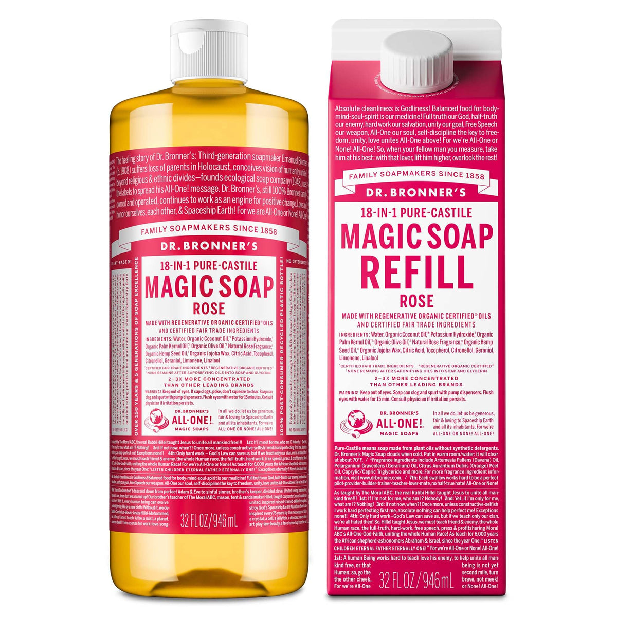 Dr. Bronner's bottle front view showing rose label and organic benefit