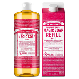 Dr. Bronner's bottle front view showing rose label and organic benefit