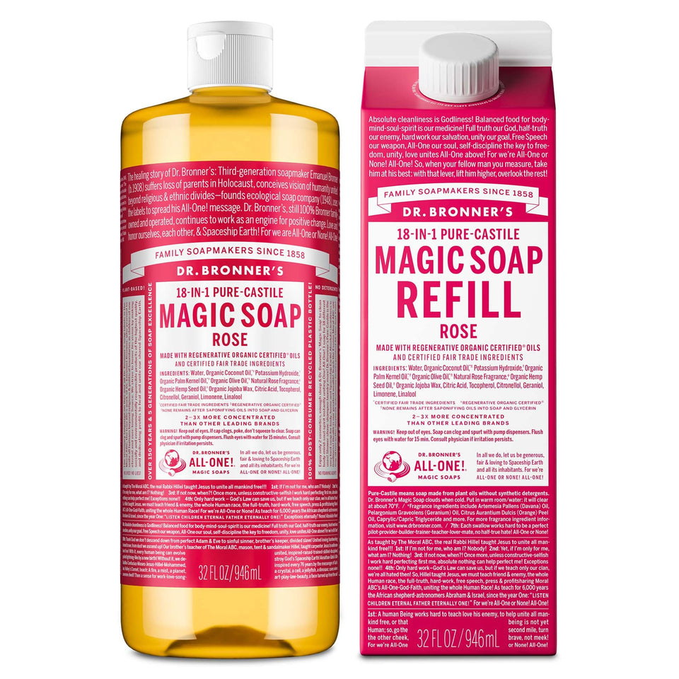 Dr. Bronner's bottle front view showing rose label and organic benefit