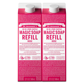 Dr. Bronner's rose front packaging showing eco-friendly refill and scent benefits