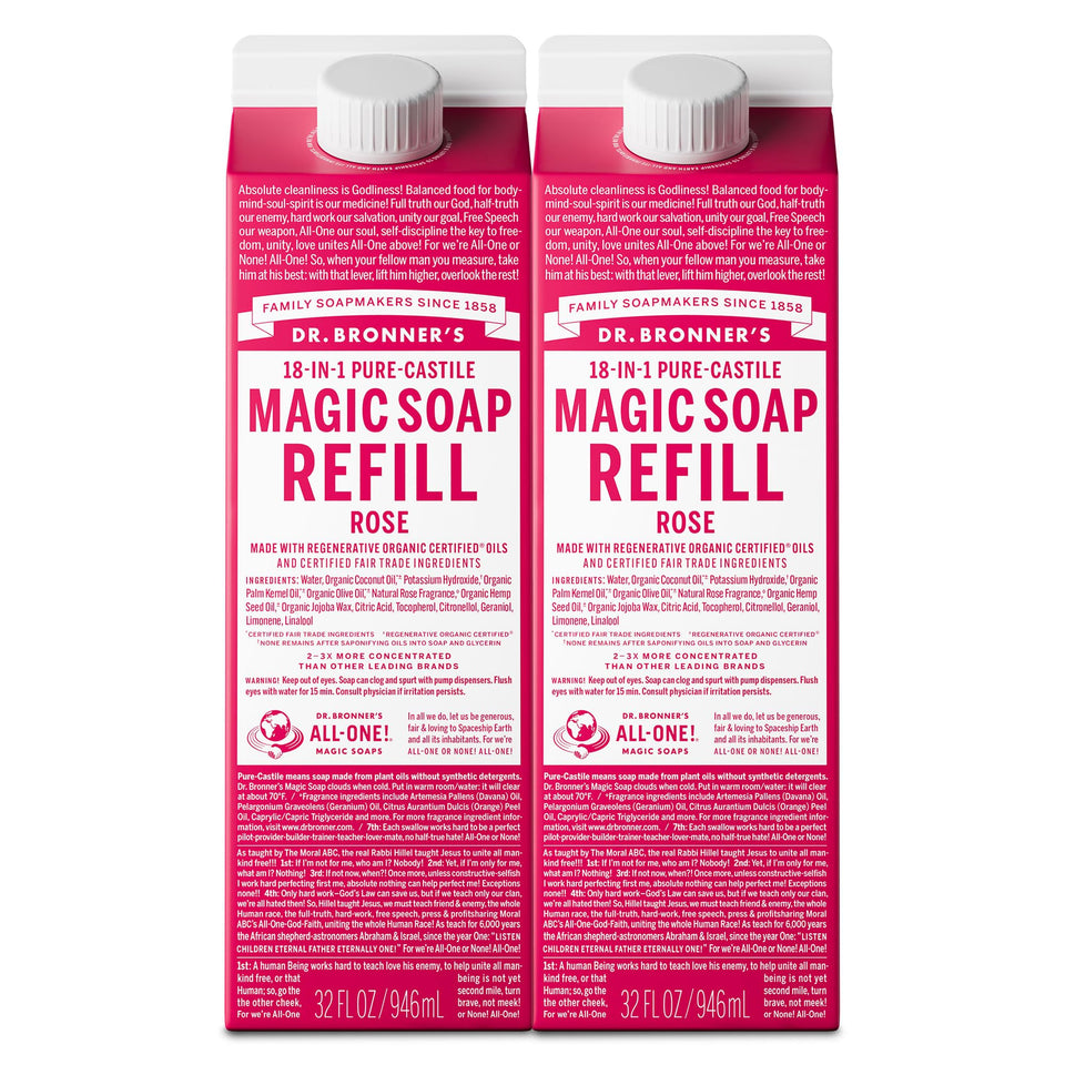 Dr. Bronner's rose front packaging showing eco-friendly refill and scent benefits