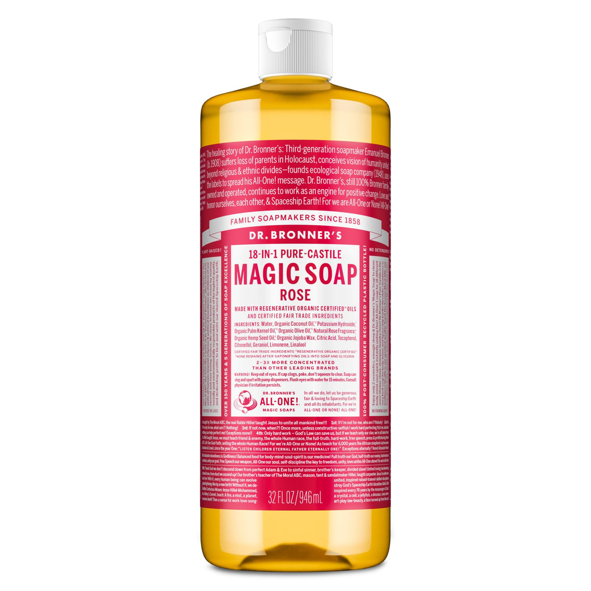 Dr. Bronner's front packaging showing rose soap and benefits