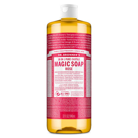 Dr. Bronner's front packaging showing rose soap and benefits