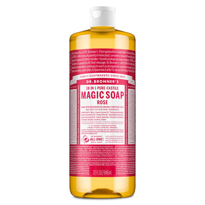 Dr. Bronner's front packaging showing rose soap and benefits