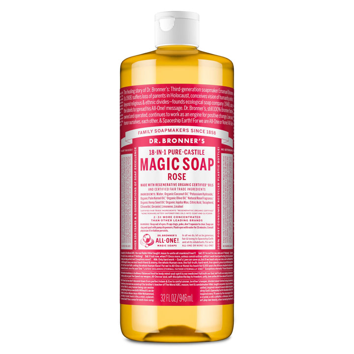 Dr. Bronner's front packaging showing rose soap and benefits