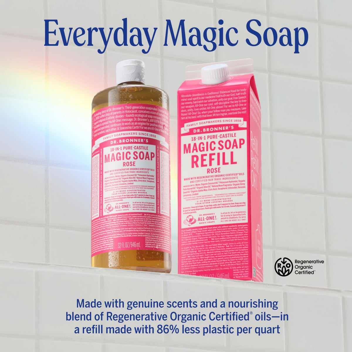 Dr. Bronner's rose label close-up highlighting regenerative organic oils