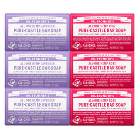 Dr. Bronner's front packaging showing Rose and Lavender six-pack and eco labeling