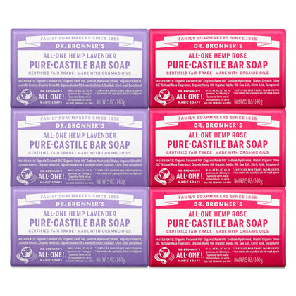 Dr. Bronner's front packaging showing Rose and Lavender six-pack and eco labeling