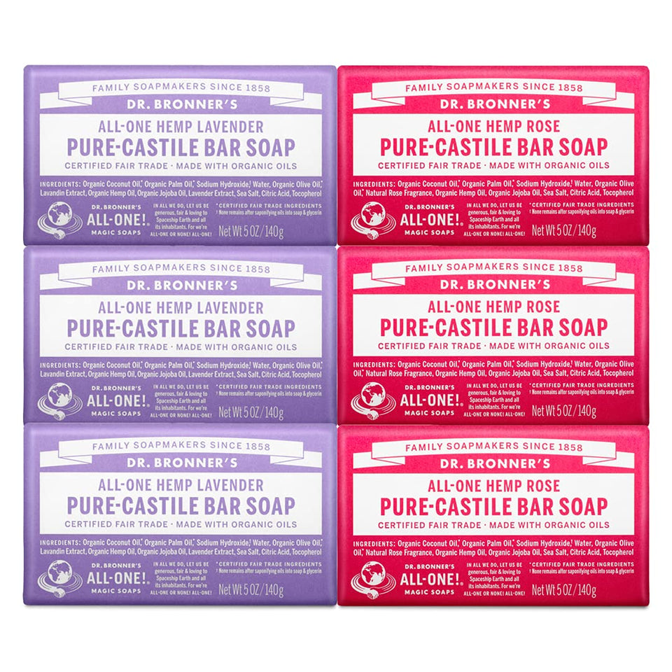 Dr. Bronner's front packaging showing Rose and Lavender six-pack and eco labeling