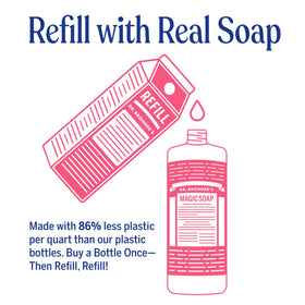 Dr. Bronner's soap being poured producing rich lather for versatile use