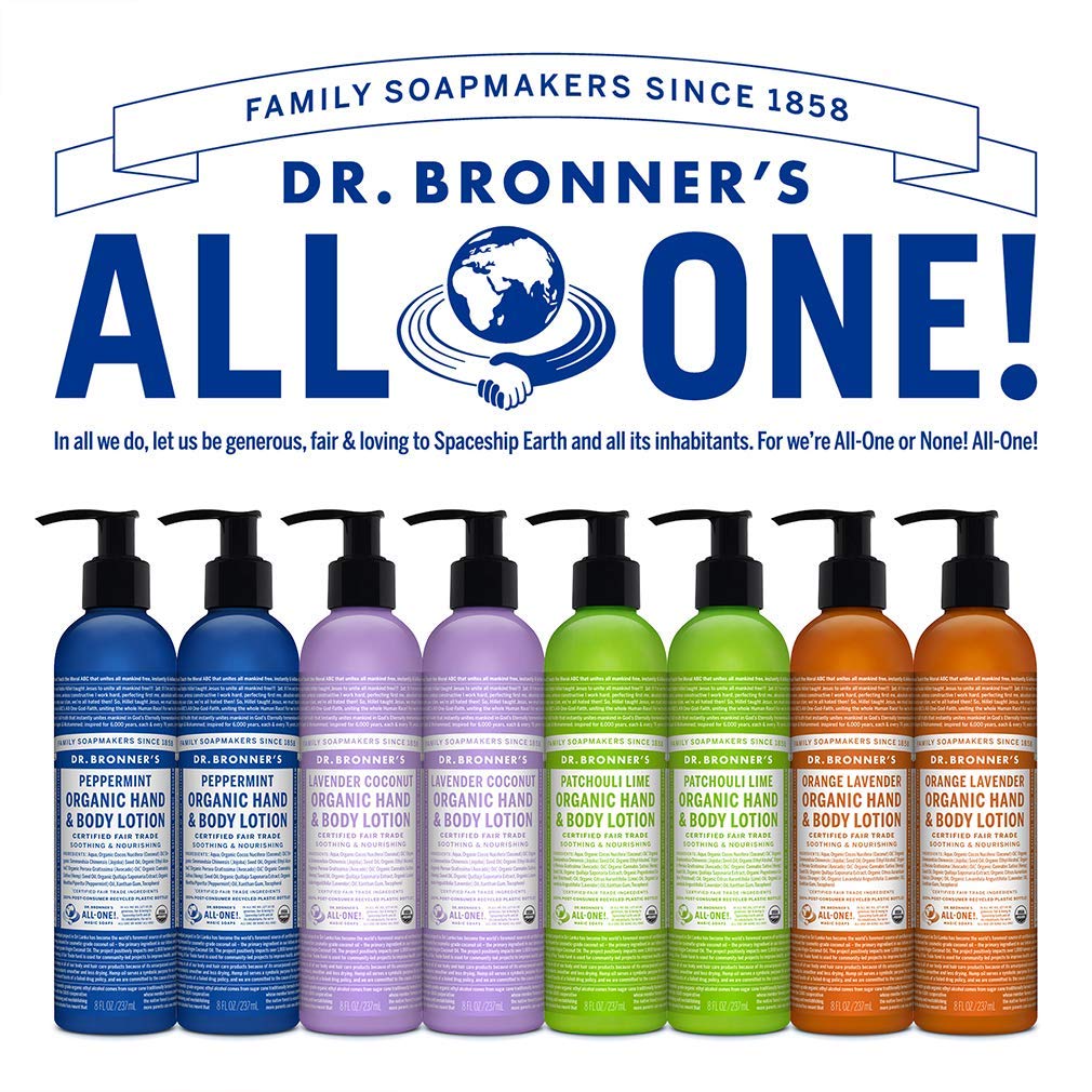 Dr. Bronner's 8 oz bottle beside common items showing travel-ready size