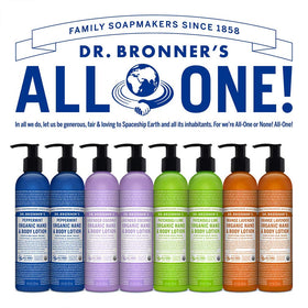Dr. Bronner's 8 oz bottle beside common items showing travel-ready size