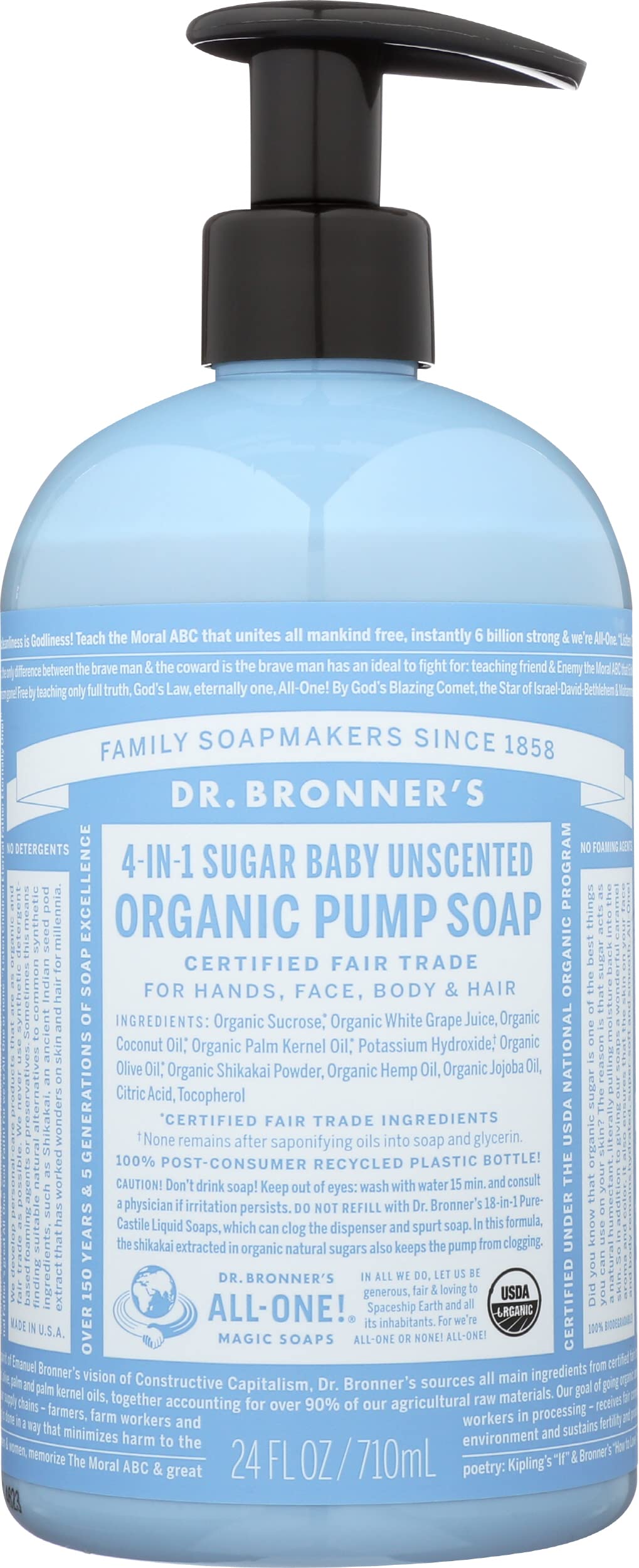 Dr. Bronner's pump bottle front view showing unscented gentle formula for sensitive skin