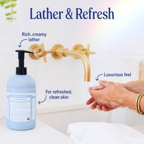 Dr. Bronner's pouring into hand illustrating gentle cleanse and rinse-off benefit