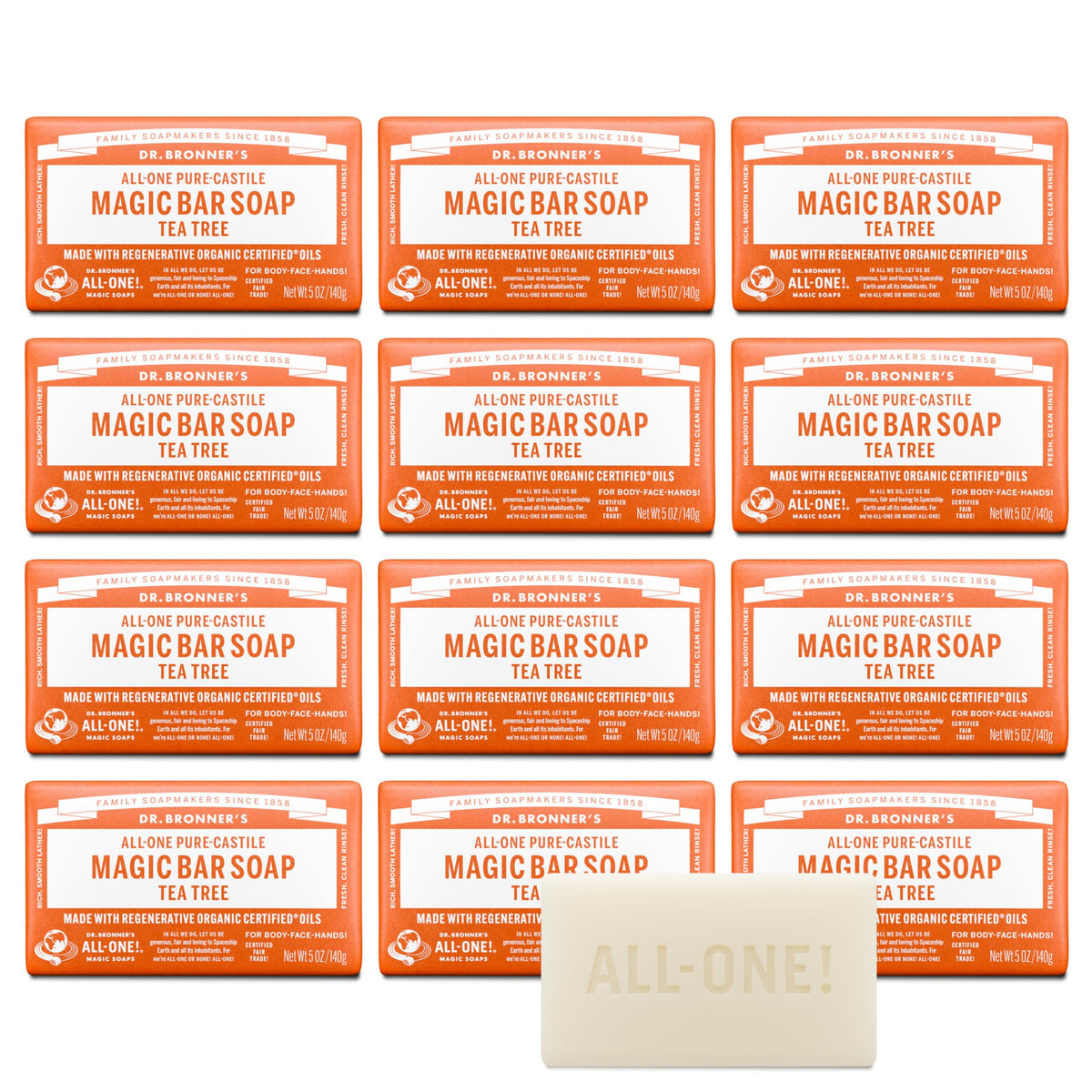 Dr. Bronner's tea tree bar front packaging showing brand and natural benefits