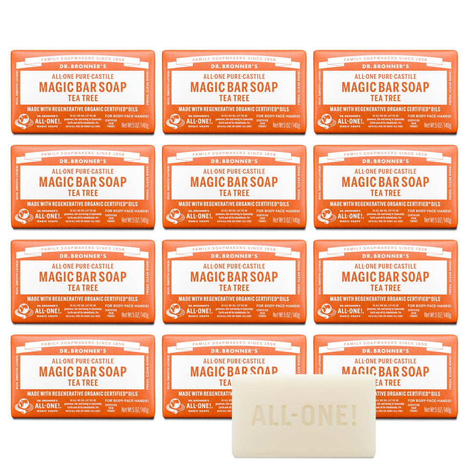 Dr. Bronner's tea tree bar front packaging showing brand and natural benefits