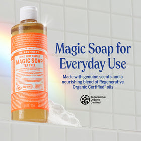 Dr. Bronner's close-up label highlighting organic and regenerative certifications