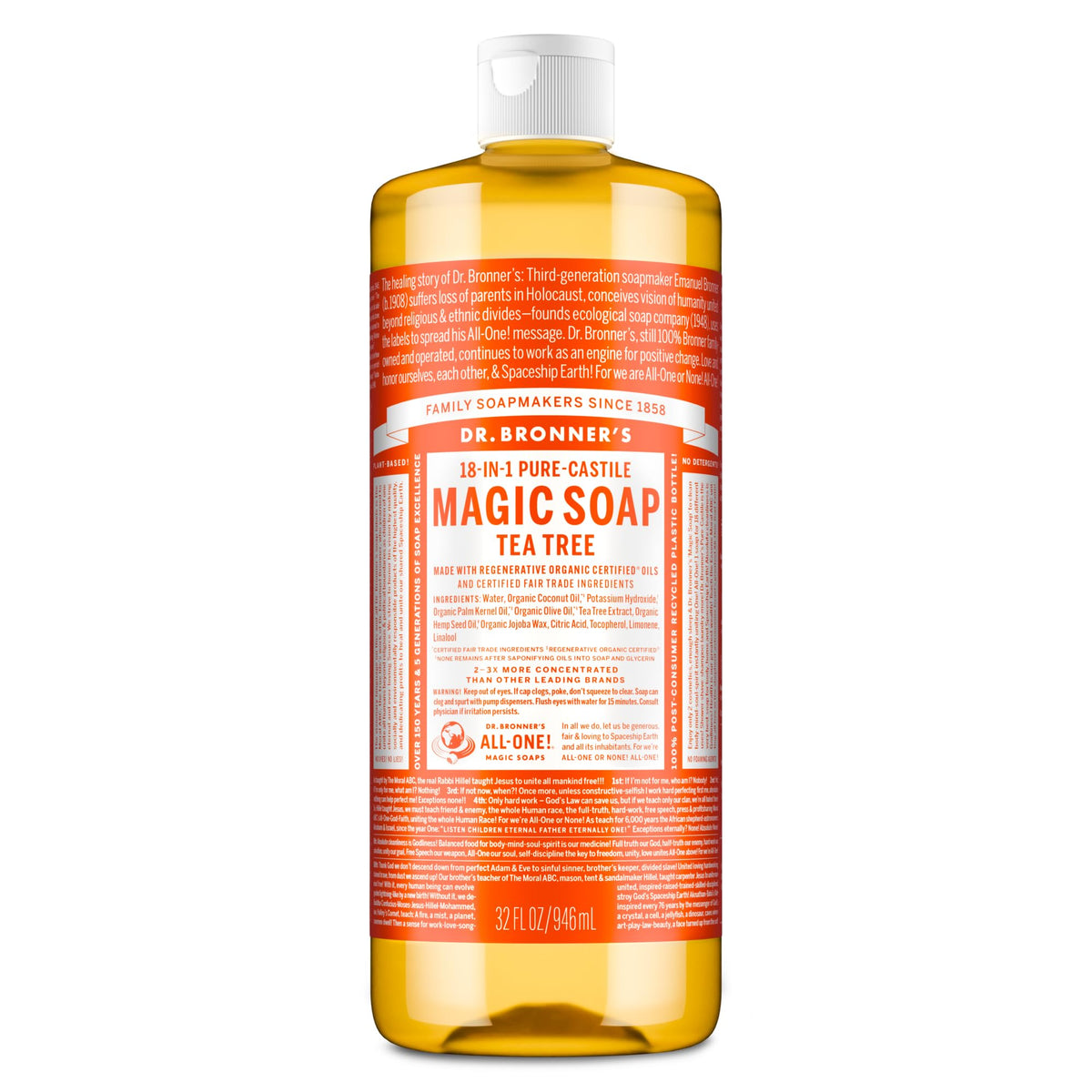 Dr. Bronner's front bottle view showing tea tree soap and brand reliability