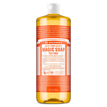 Dr. Bronner's front bottle view showing tea tree soap and brand reliability