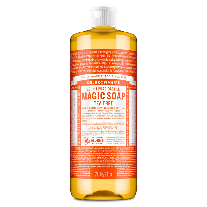 Dr. Bronner's front bottle view showing tea tree soap and brand reliability