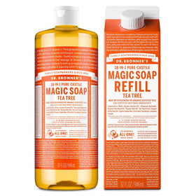 Dr. Bronner's front label showing tea tree variant and organic claims for clear product info