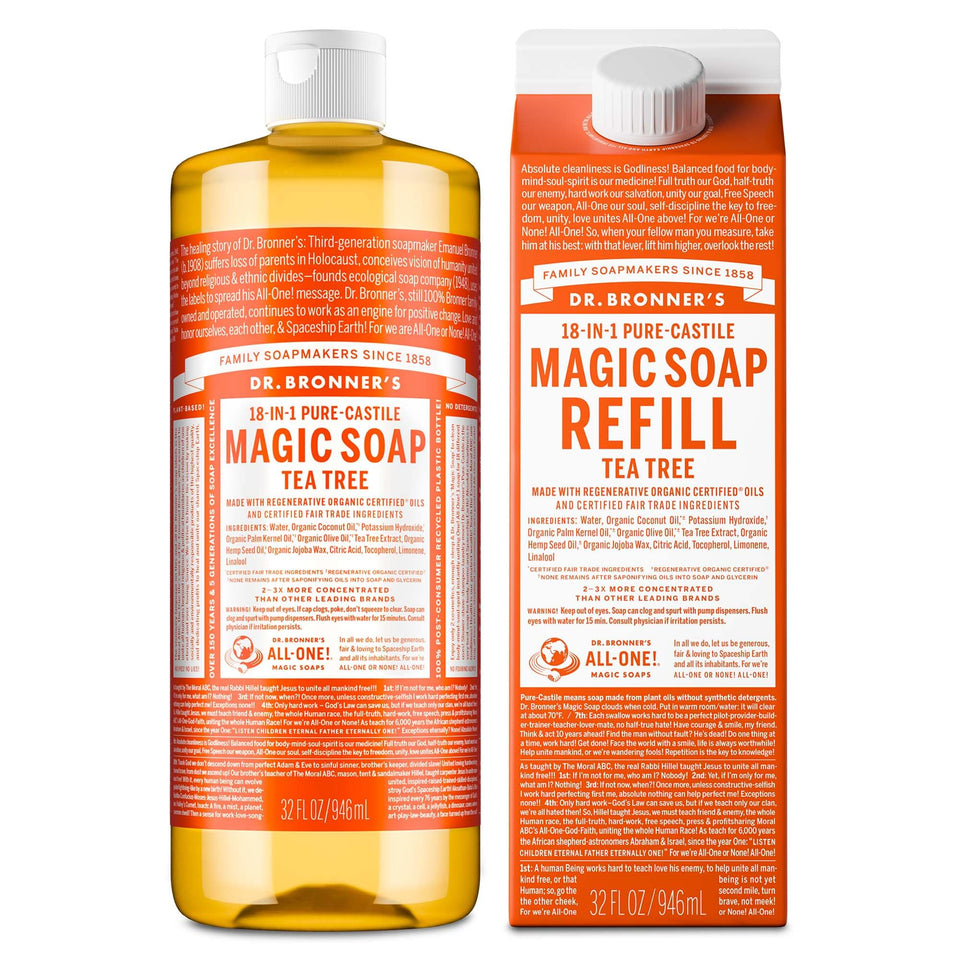 Dr. Bronner's front label showing tea tree variant and organic claims for clear product info