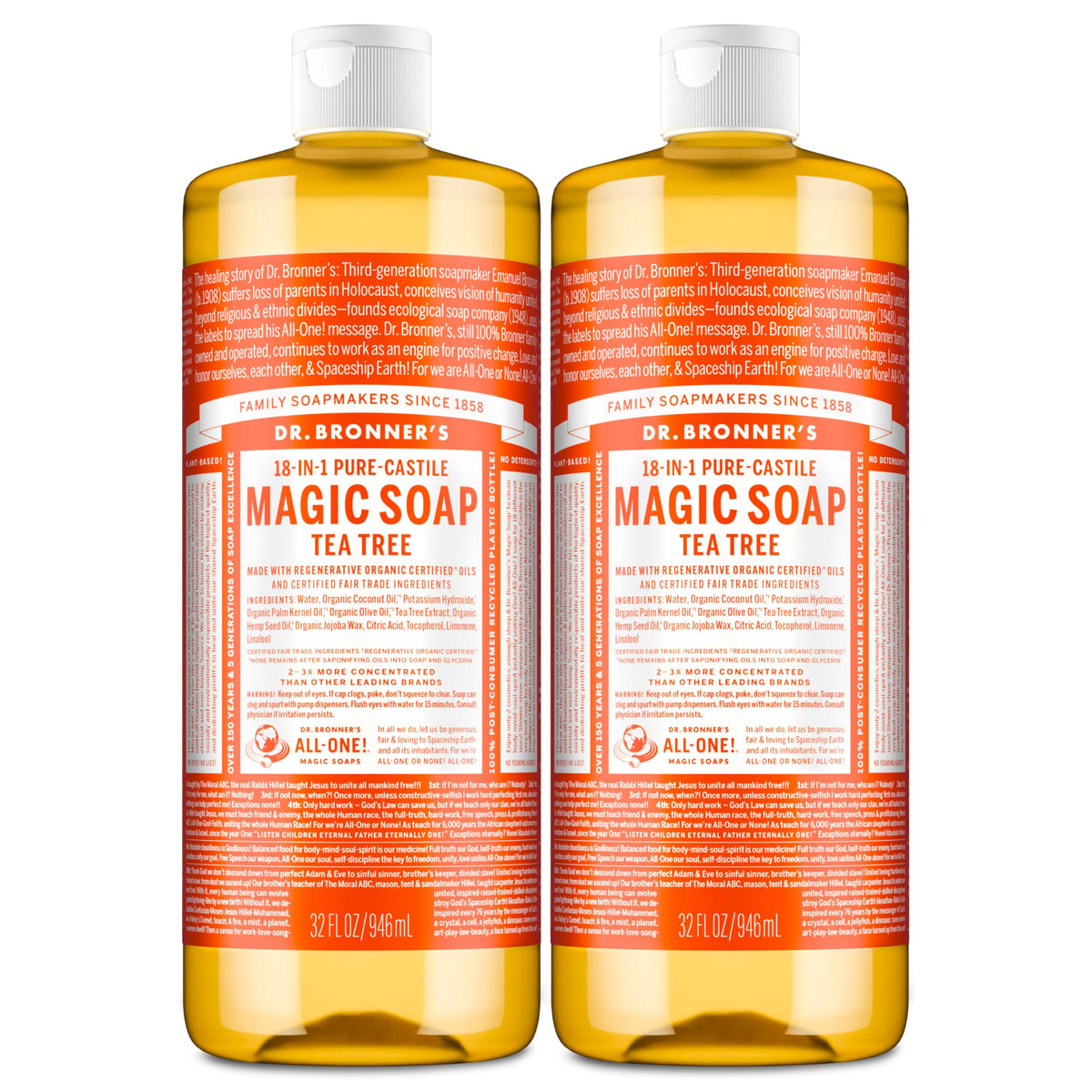 Dr. Bronner's tea tree front packaging shows two 32oz bottles and product value