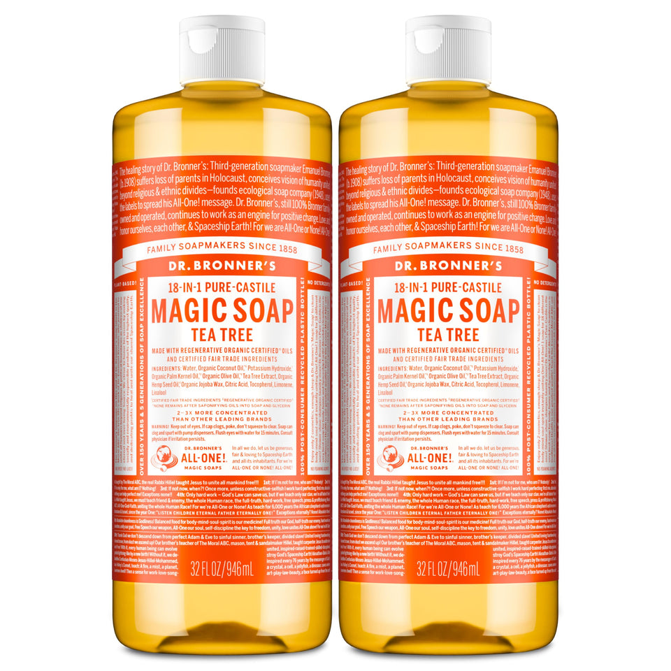 Dr. Bronner's tea tree front packaging shows two 32oz bottles and product value