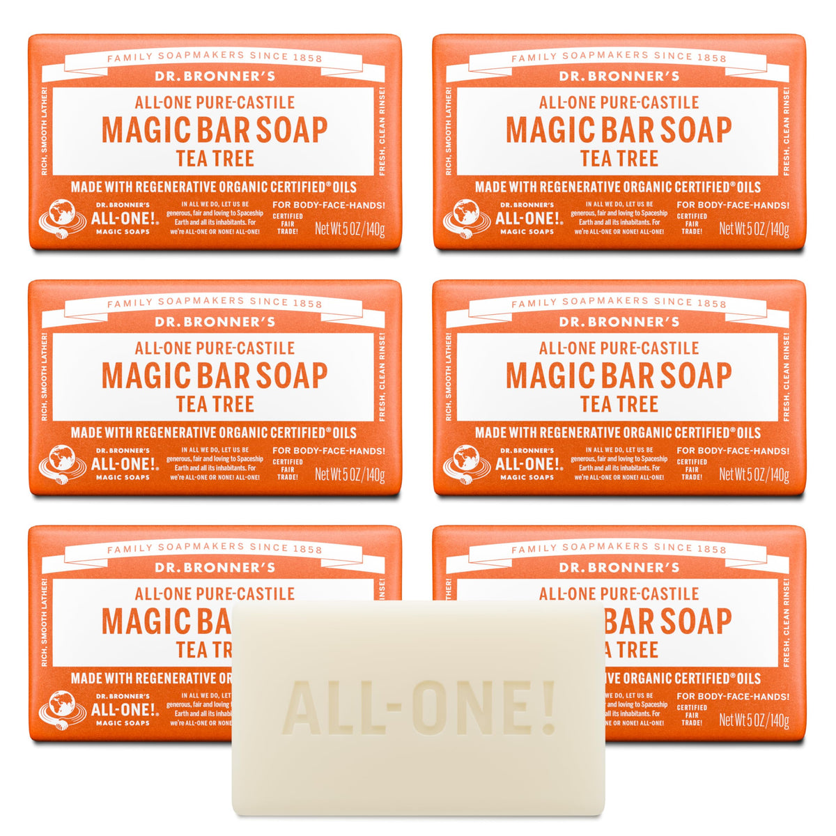 Dr. Bronner's tea tree front packaging showing product and benefits