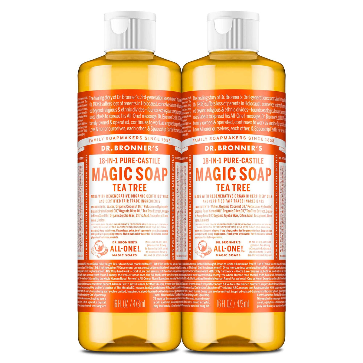 Dr. Bronner's front packaging showing tea tree soap and concentrated benefit