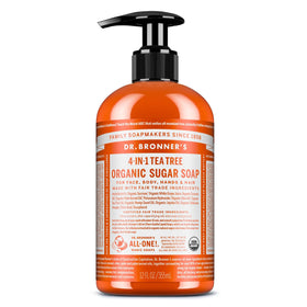 Dr. Bronner's front packaging showing tea tree label and multipurpose use