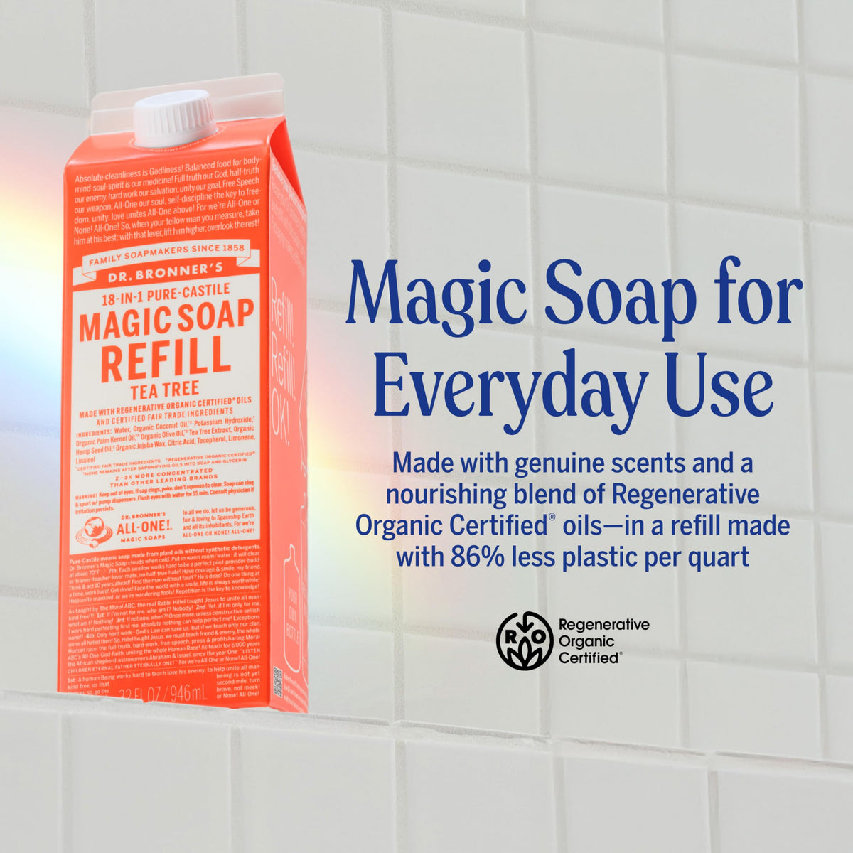 Dr. Bronner's back label with ingredient list highlighting regenerative oils