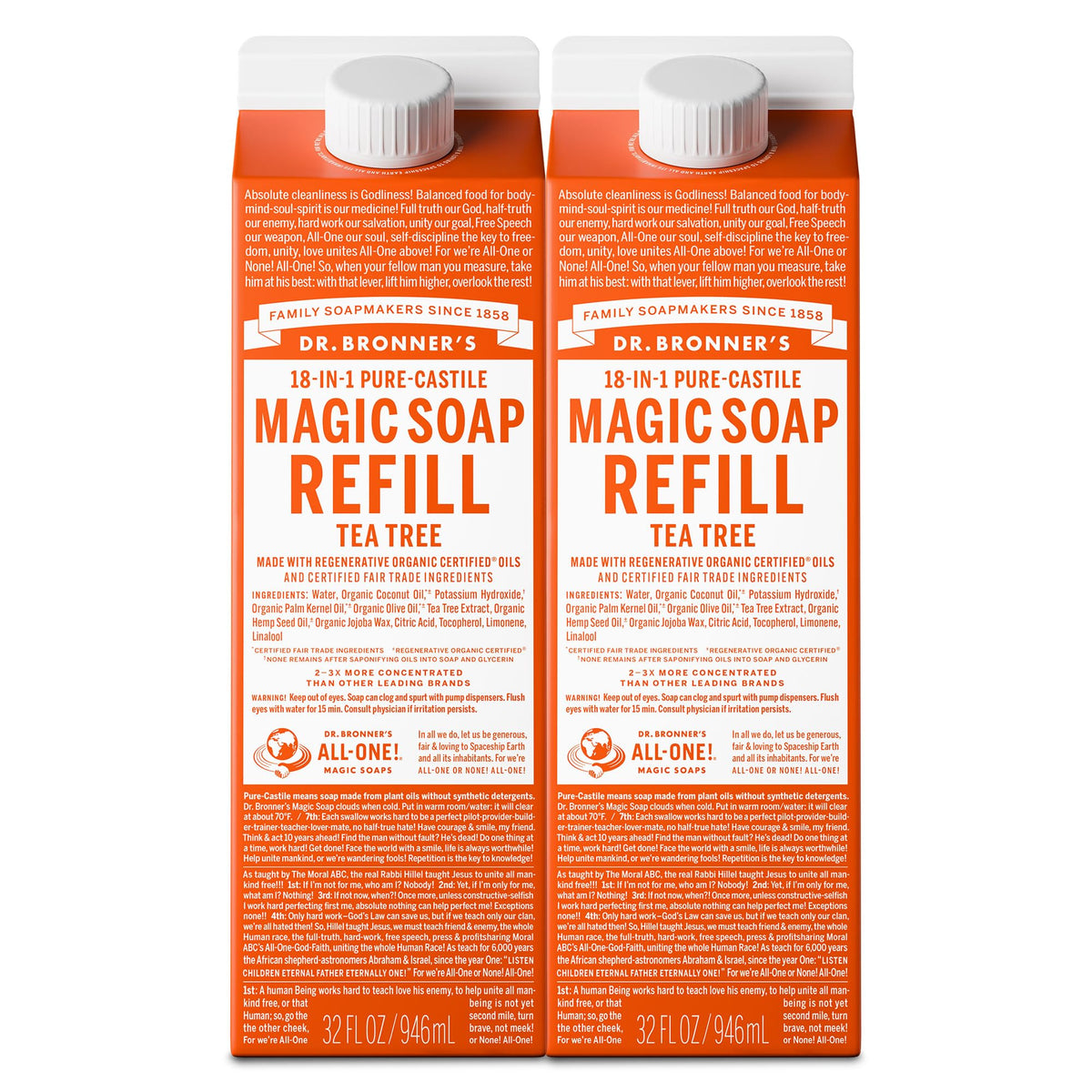 Dr. Bronner's refill front packaging showing organic certification and value