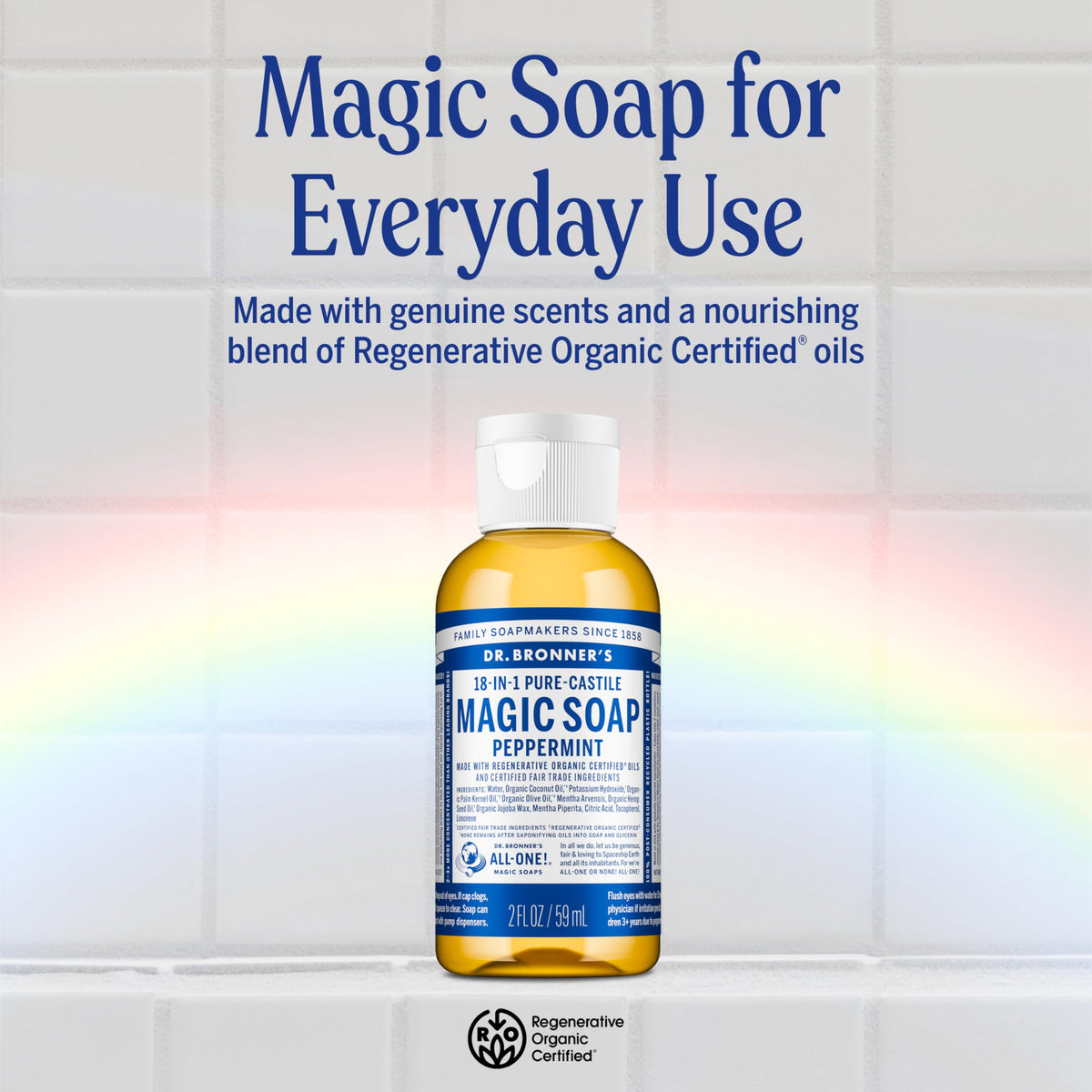 Dr. Bronner's travel bottles lined up highlighting compact sizes for travel convenience
