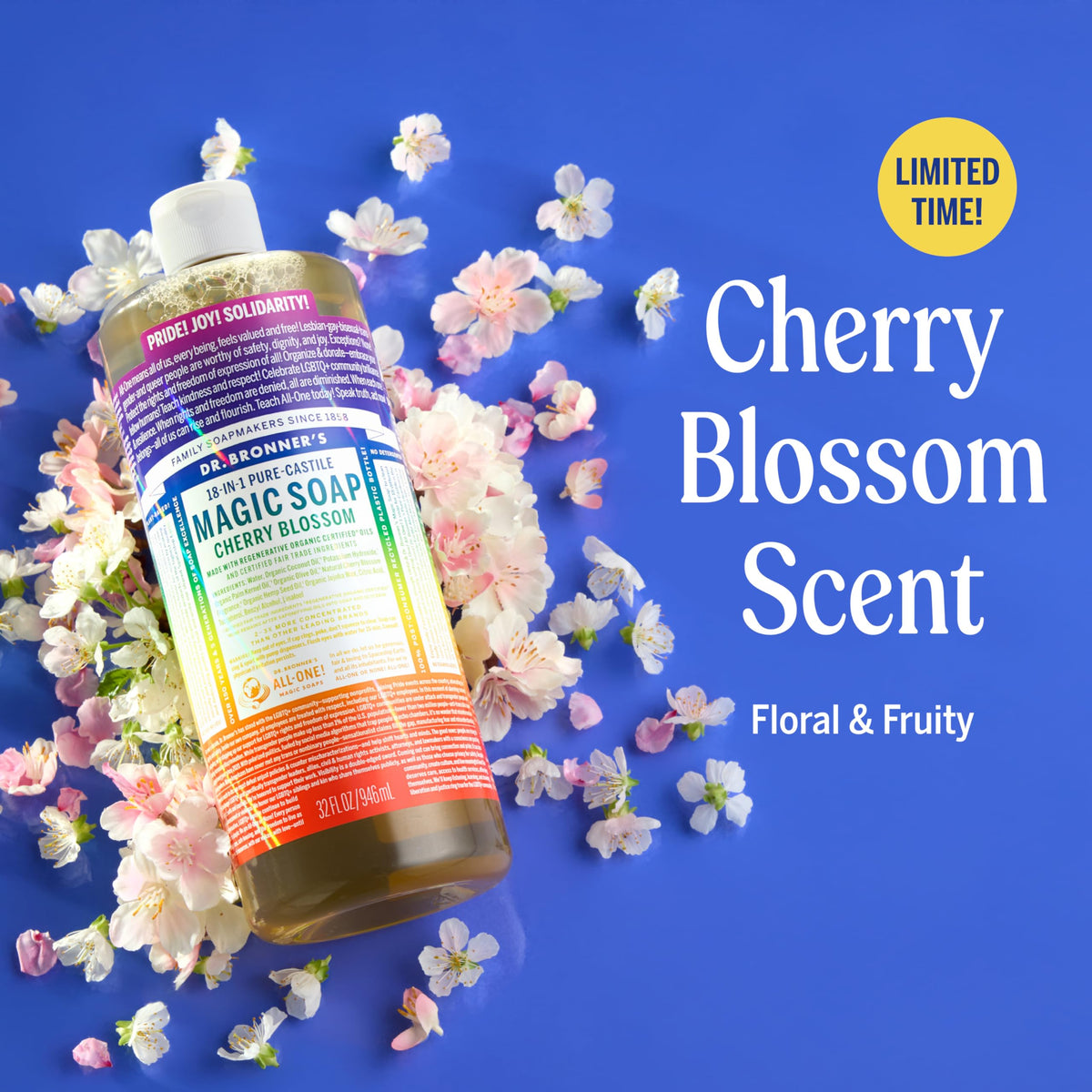 Dr. Bronner's in-shower lifestyle shot showing Cherry Blossom scent enjoyment benefit