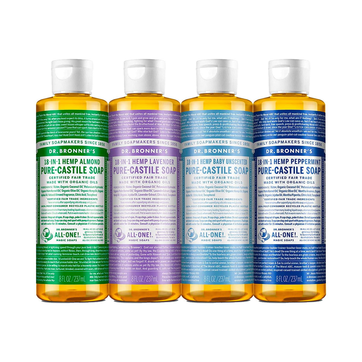 Dr. Bronner's front view of four 8oz bottles showing variety and travel convenience