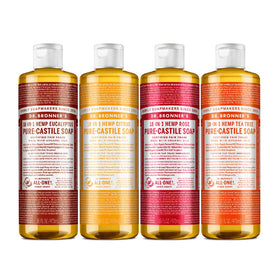Dr. Bronner's variety pack front view showing four 16oz bottles and eco benefits