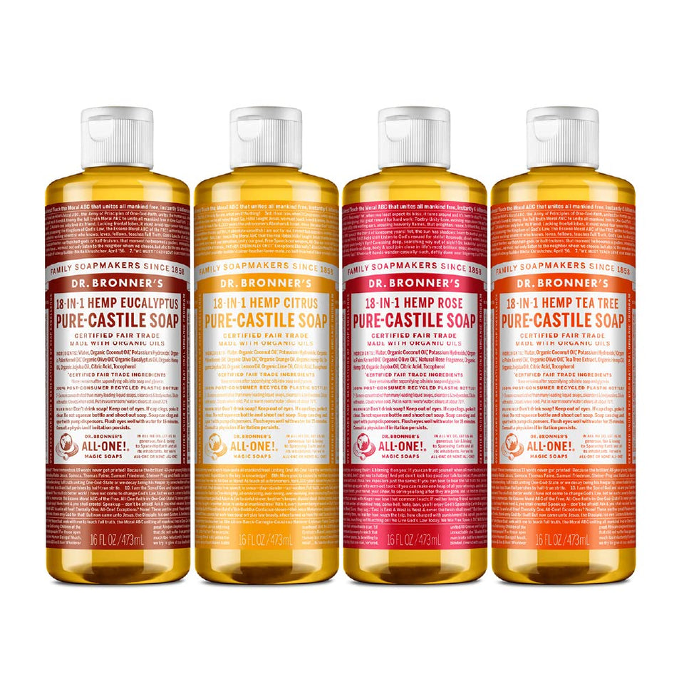 Dr. Bronner's variety pack front view showing four 16oz bottles and eco benefits
