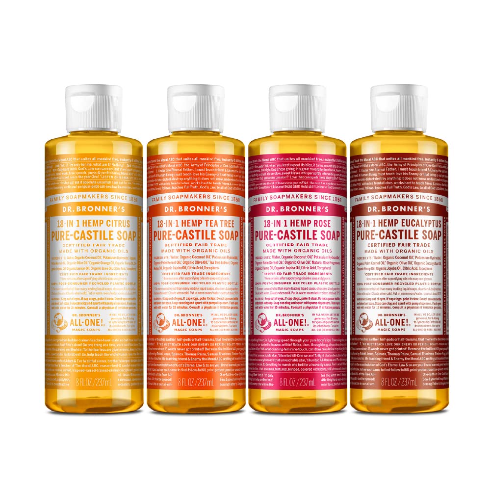 Dr. Bronner's variety pack front view showing four 8oz bottles and eco benefits