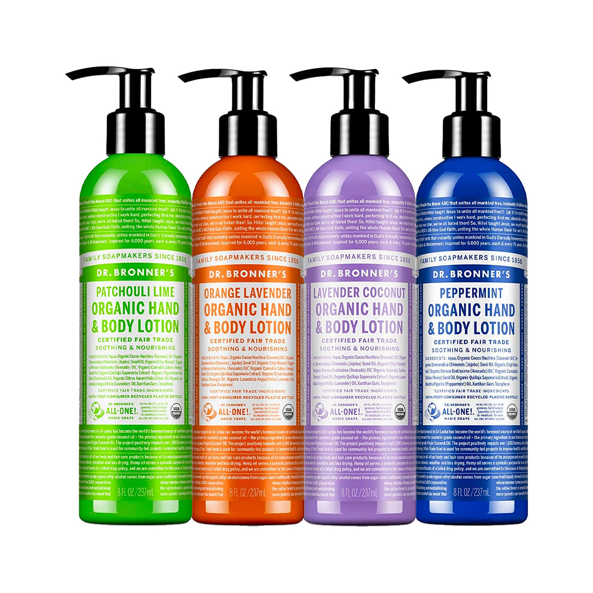 Dr. Bronner's variety pack front view showing four 8 oz bottles and benefits