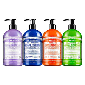 Dr. Bronner's variety pack front view showing four 12 oz bottles and scents