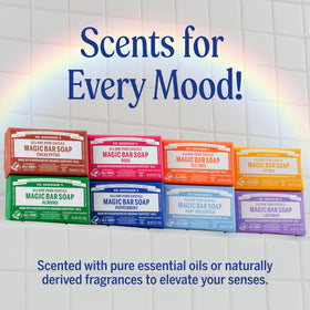 Dr. Bronner's variety pack label close-up showing scent names Almond Lavender Peppermint Citrus Rose, choice benefit